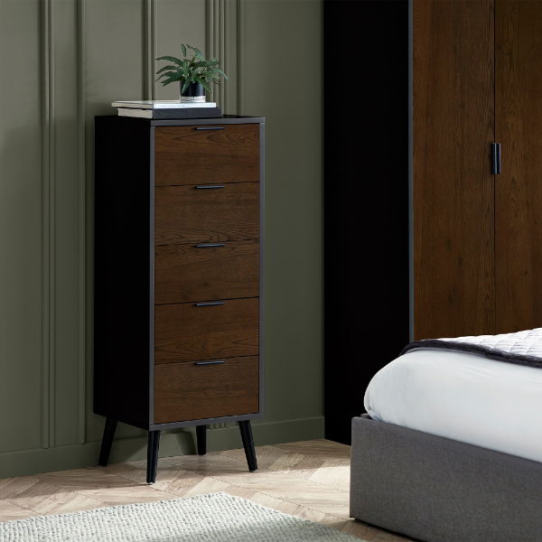 ALBA 5 DRAWER CHEST - SOFT CLOSE - WALNUT/BLACK